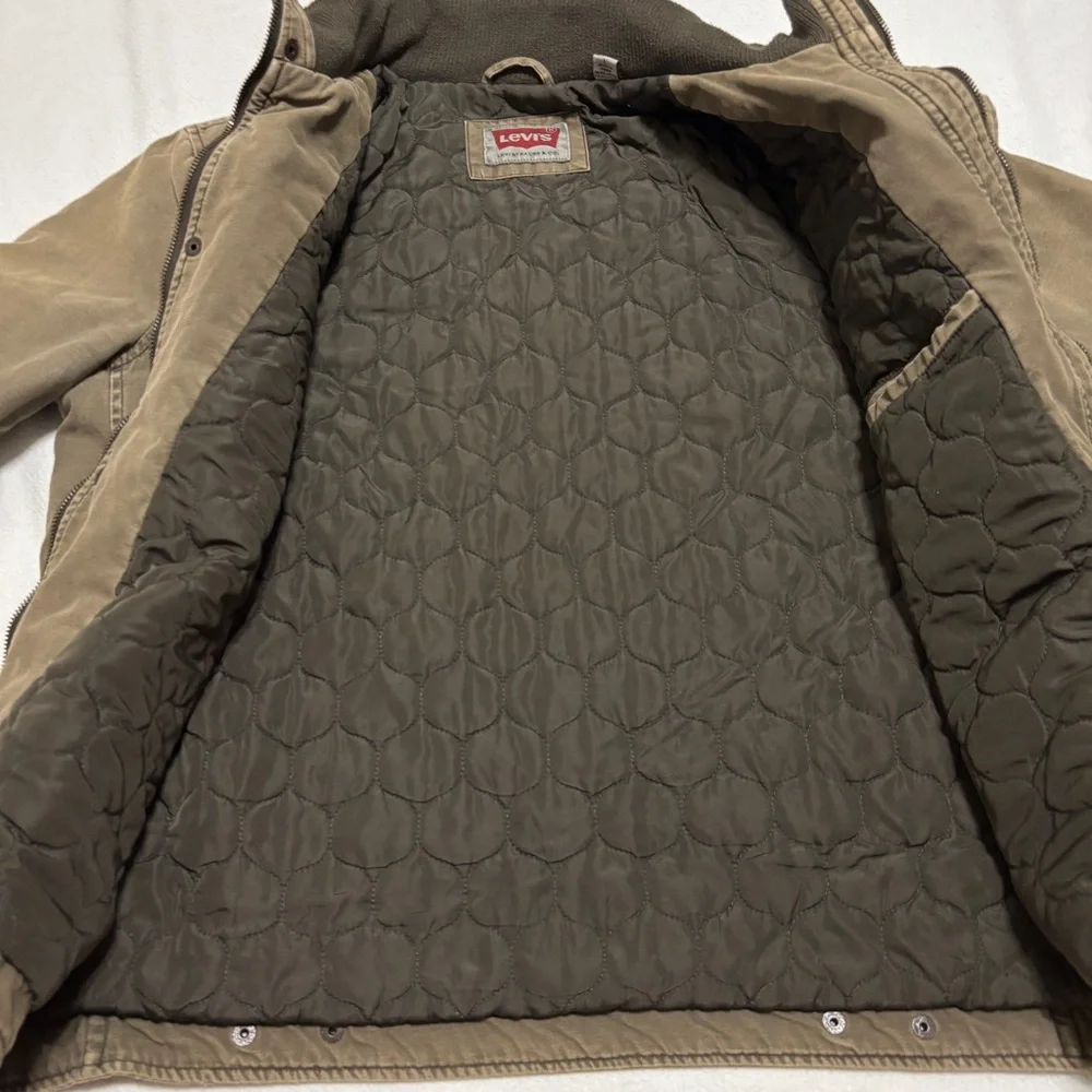 Levi's Men's Brown Quilted Green Military Jacket Zip Button Stand Collar Size L - Picture 4 of 14